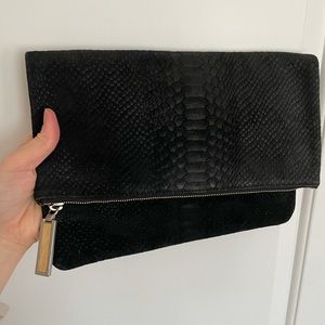 Black leather suede snakeskin clutch
